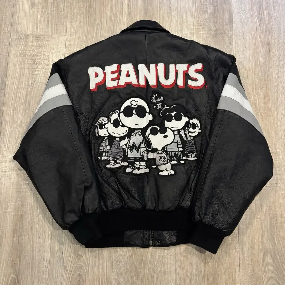 Vintage Peanuts Leather Jacket Mens Med 90s Charlie Brown Snoopy American Toons